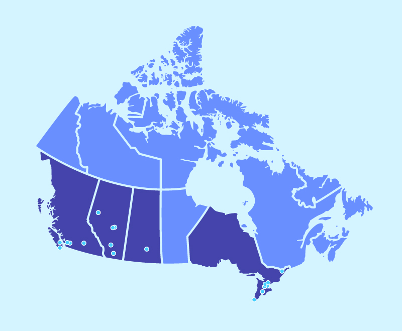 Map of CareRx pharmacy fulfillment centre locations in Canada